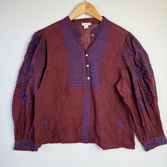 Sundance Christiane Embroidered Blouse PM Burgundy Purple Boho Ramie Top $138 - Picture 2 of 14